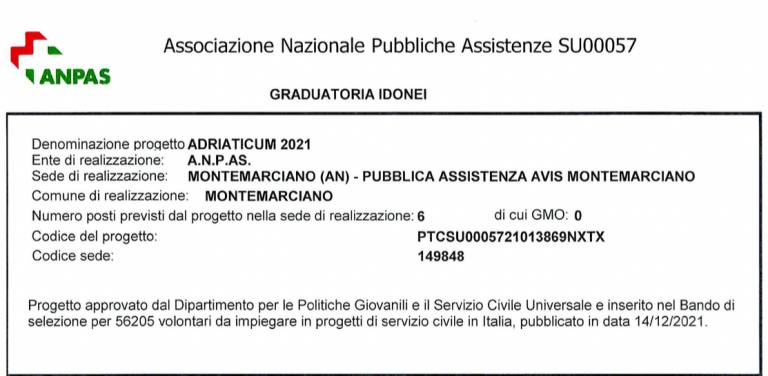 Read more about the article Graduatoria Servizio Civile P.A. Avis Montemarciano – Anno 2022