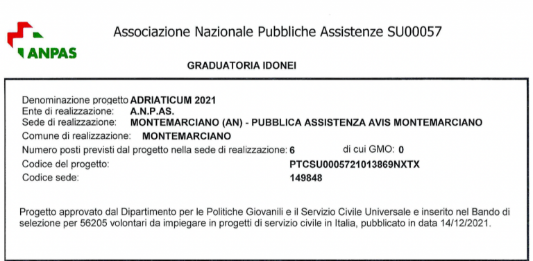 Scopri di più sull'articolo Graduatoria Servizio Civile P.A. Avis Montemarciano – Anno 2022